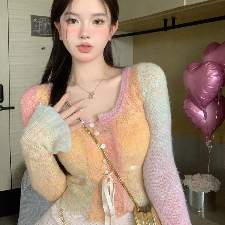 Red 2022 Baru Lengan Panjang Rajutan Cardigan Wanita Musim Gugur Seksi Gadis Panas Dasi Slim Fit Pendek Bottoming top