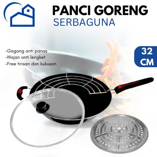 Panci wajan penggorengan serbaguna + tutup panci dan steamer 32cm