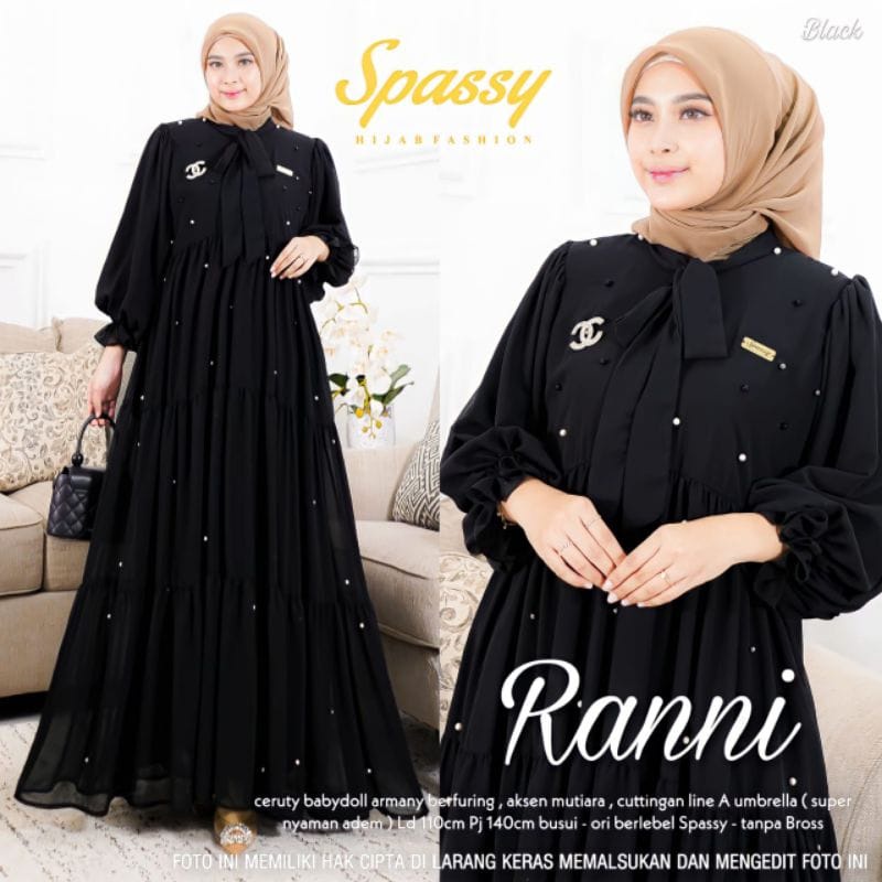 Gamis Wanita Terbaru 2023 Ranni Dress Kondangan Ceruty Babydoll Aksen Mutiara Baju Wanita Kekinian Busui Friendly Gaun Pesta Muslimah