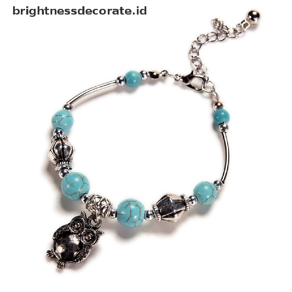 [Birth] 1pcs Wanita Vintage Pesona Perhiasan Perak Pld Owl Turquoise Gelang Bangle [ID]