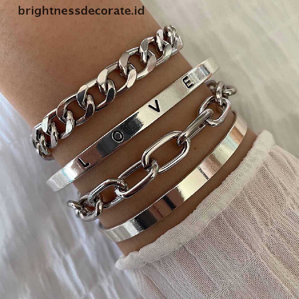 [Birth] 4pcs/set Wanita Fashion Punk Hip Hop Rantai Bangles Gelang Perhiasan Aksesoris [ID]