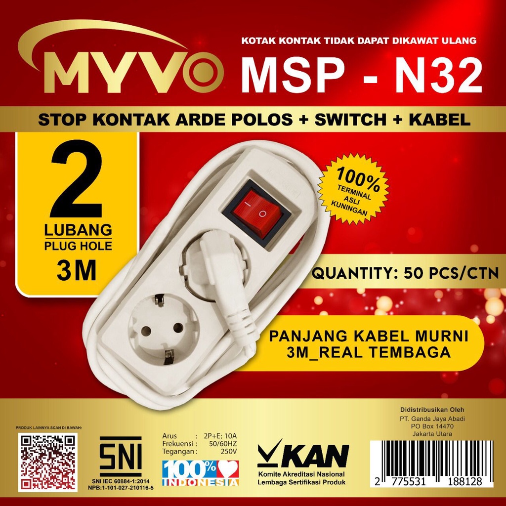 Stop Kontak Kabel Myvo 3Meter 2Lubang N32 3M