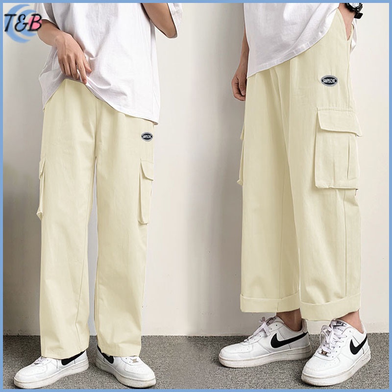 Celana cargo panjang saku banyak pria korean style pria baggy pants celana lebar pria celana cargo cowok celana chargo panjang pria jumbo Celana panjang pria baru Krim celana cargo cream Celana cargo murah