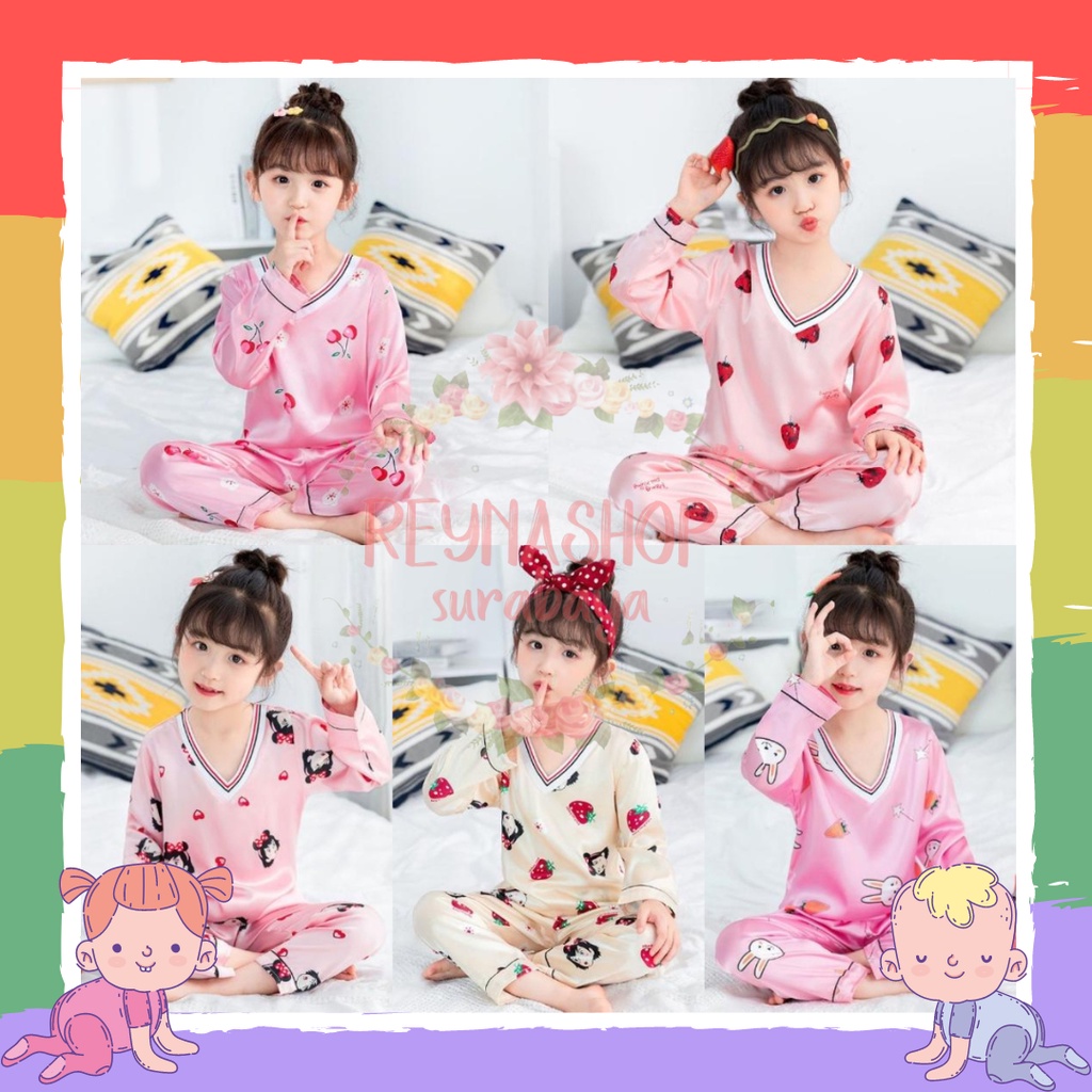 (GH-GL) Piyama Satin Silk V Neck Motif Anak Baju Tidur Anak 4-9Th Import