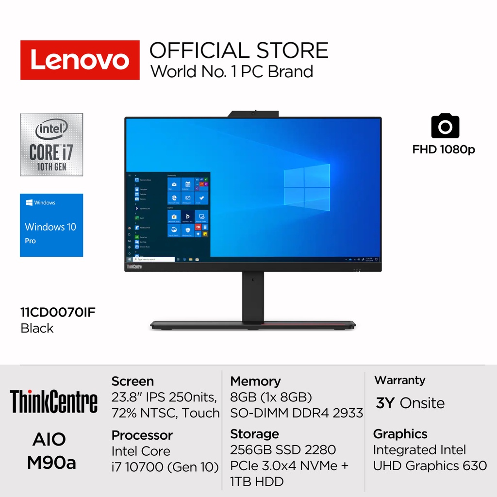 Lenovo PC AIO ThinkCentre M90a Touch 70IF Intel Core i7 10700 Win10 Pro 8GB DDR4 SODIMM 256GB SSD + 1TB HDD 7200rpm SATA 23.8" FHD IPS Touchscreen Integrated DVD RW 11CD0070IF Black All-in-One Bisnis SMB Garansi Resmi 3 Tahun Onsite + Wired Keyboard Mouse