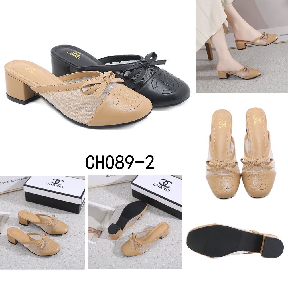 CH Mesh &amp; Leather CC Logo Block Heel Pumps CH089-2