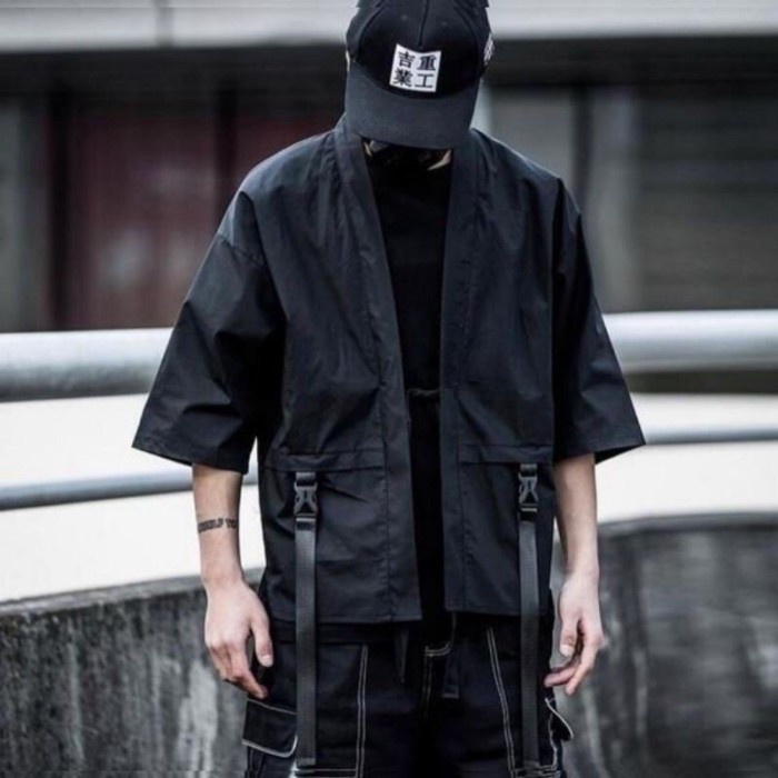 Techwear KIMONO [READY INDO] Cyberpunk Style KIMONO JEPANG HITAM PRIA - M