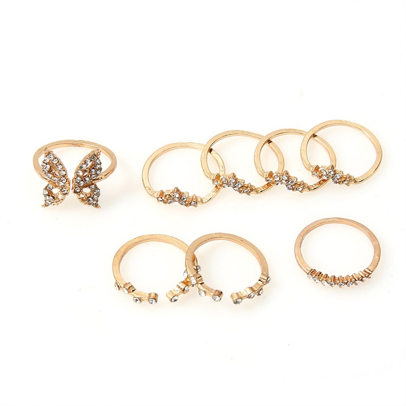 8pcs/set Korea Fashion Cincin Emas Kupu-Kupu Berongga Mutiara Cincin Jari Rings Untuk Aksesoris Perhiasan Wanita