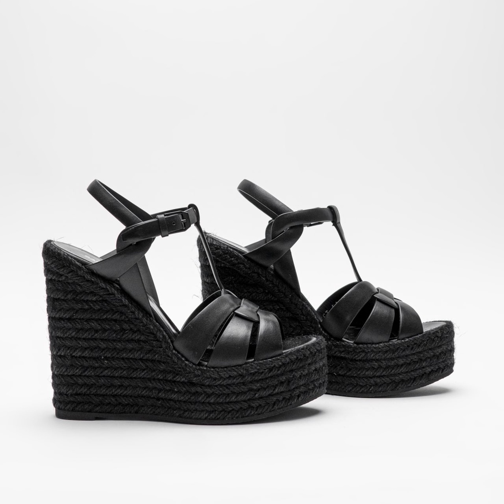 Snt Laurent Tribute Espadrilles 12cm Wedge Sandal Black Calf