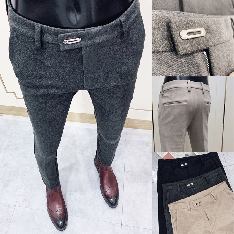 Pria Perapi Celana Tebal Wol Kasual Celana Slim Fit  Korea Lurus Kaki Celana Bisnis Kasual Wol celan