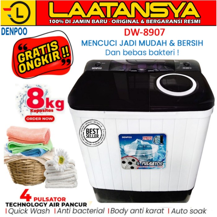 ✿ BISA COD✿ MESIN CUCI 2 TABUNG 8 KG DENPOO DW 8907B 4 PULSATOR