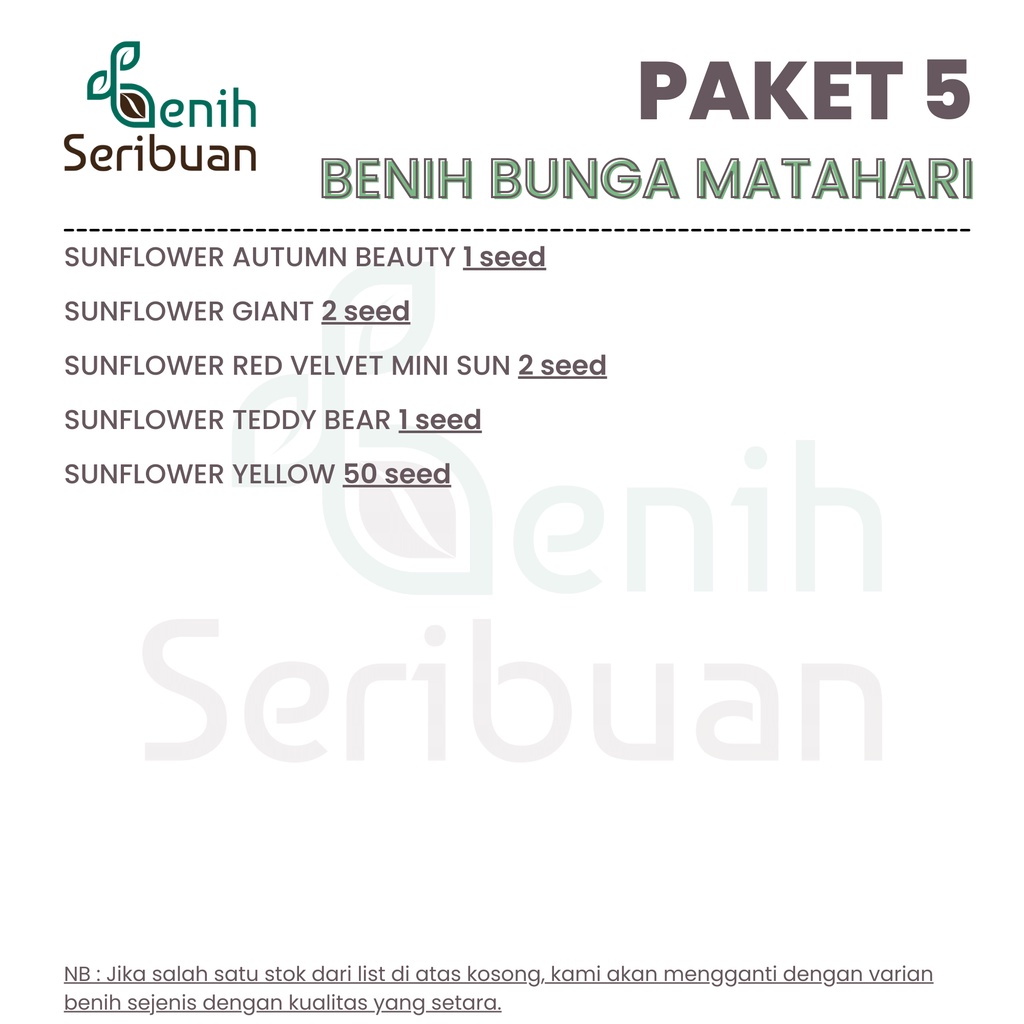 Benih Seribuan - Paket 5 Macam Bibit Bunga Matahari Unggul