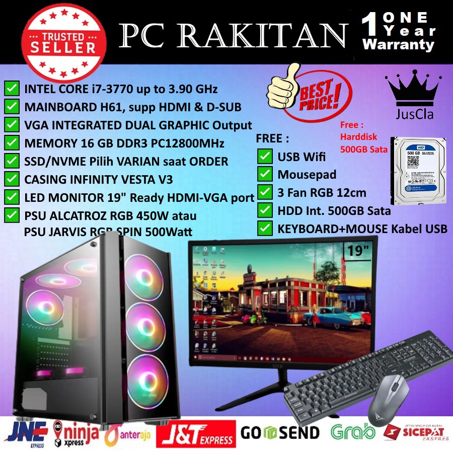 MONITOR 19&quot; + PC KOMPUTER FULLSET INTEL CORE i7-3770 3,6GHz 4Cores|RAM 16GB|SSD NVME 512GB|HDD 500GB SATA|KEY+MOUSE|WiFi, Komputer Rakitan, PC Admin/Office Baru Bergaransi 1 Tahun