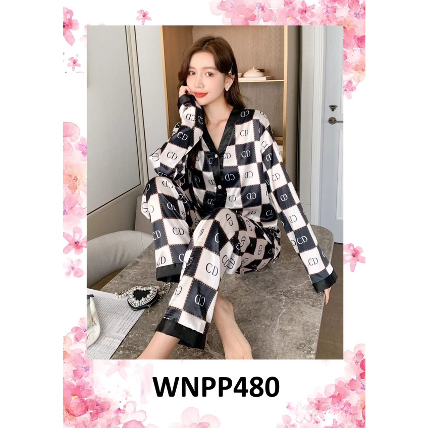 Piyama Wanita Baju Tidur Wanita Satin Dot Black White
