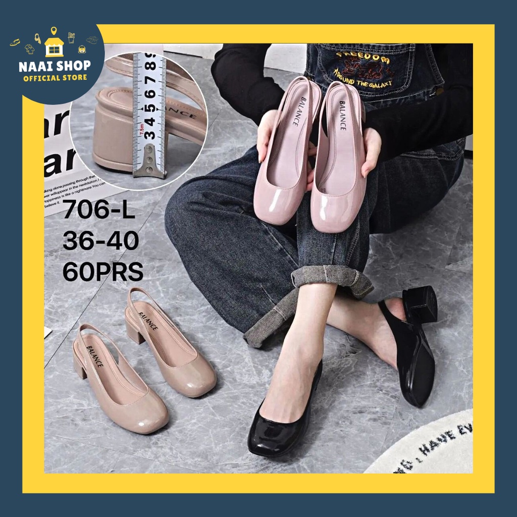 Sepatu Wanita Slingback Heels 5 CM Size 36-40 Jelly Shoes Plain Glosy Soft Color Selop Cewek Hak Tahu Sedang Murah Terlaris Slop Formal Kasual Korea Style Kekinian Jinjit Bahan Karet Slip On Tali Import Premium Kerja Kuliah Terbaru Balance 706-L Naai Shop