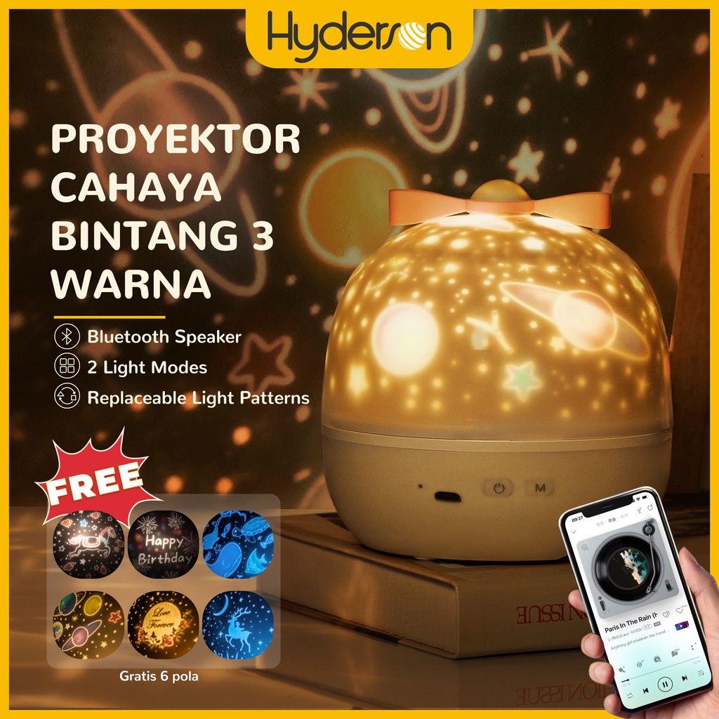 FreeOngkir (COD) Hyderson Lampu tidur Proyektor LED 3 Warna Starlight dengan Pembicara Bluetooth