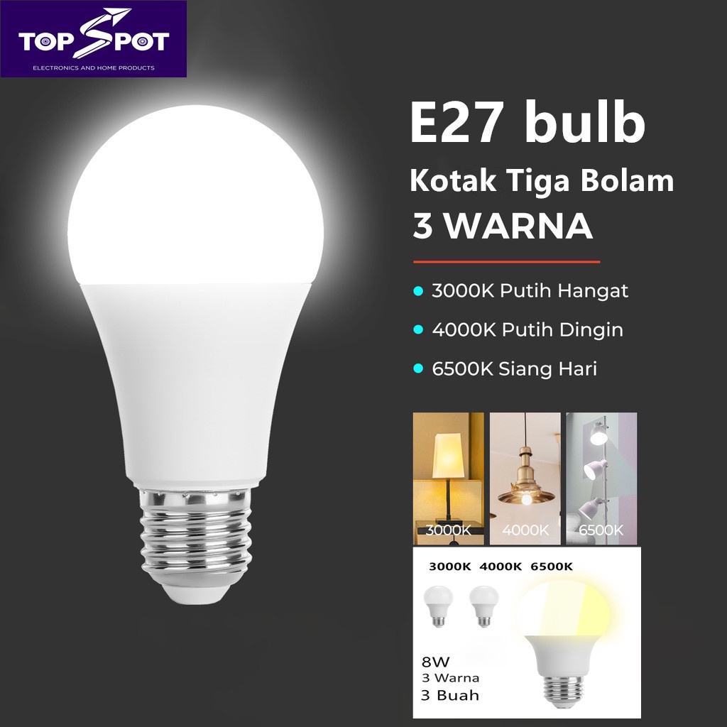 Topspot kualitas tinggi 3 Warna Bohlam LED Lampu Kotak Tiga 8W E27 Bulb Opal Matt 3-Step CCT Tune 800 lm Warm White Neutral White Cool White 3000K 4000K 6500K Daylight Bulb Hemat Energi Bolb untuk Lampu Meja Downlight