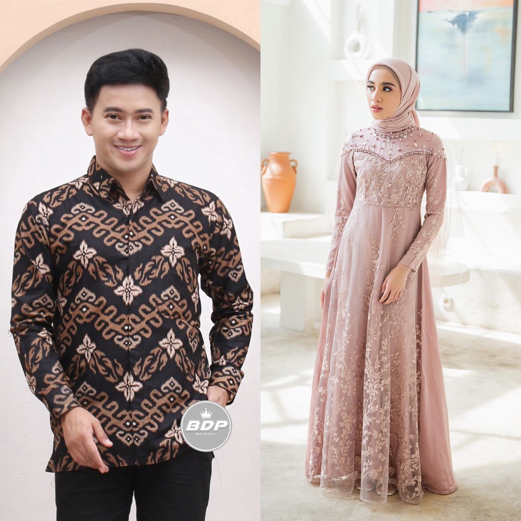 BATIK SOLO - Gamis Couple Namira Dress Kondangan Dan Lebaran Modern Dress Satin Mix Brokat Payet Premium Dress Sarimbit Modern Gamis Couple