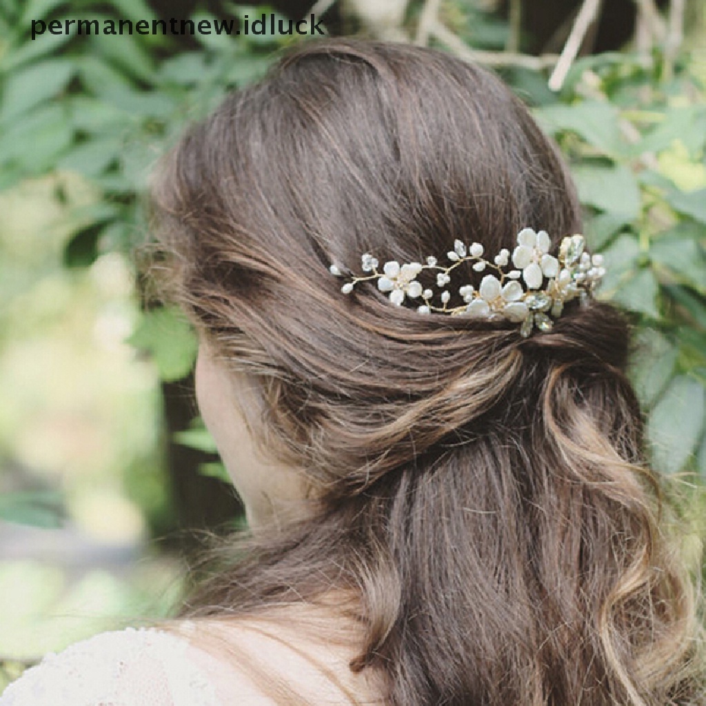 [luckypermanentnew] Wanita Pengantin Putih Bunga Berlian Imitasi Mutiara Sisir Rambut Pernikahan Aksesoris Rambut [ID]