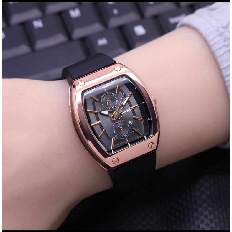(Cod)Jam Tangan Wanita Fashion Gues Oval Crono Varisi Tanggal Aktif Strap Rubber/Karet Murah(Dikirim Jakarta)