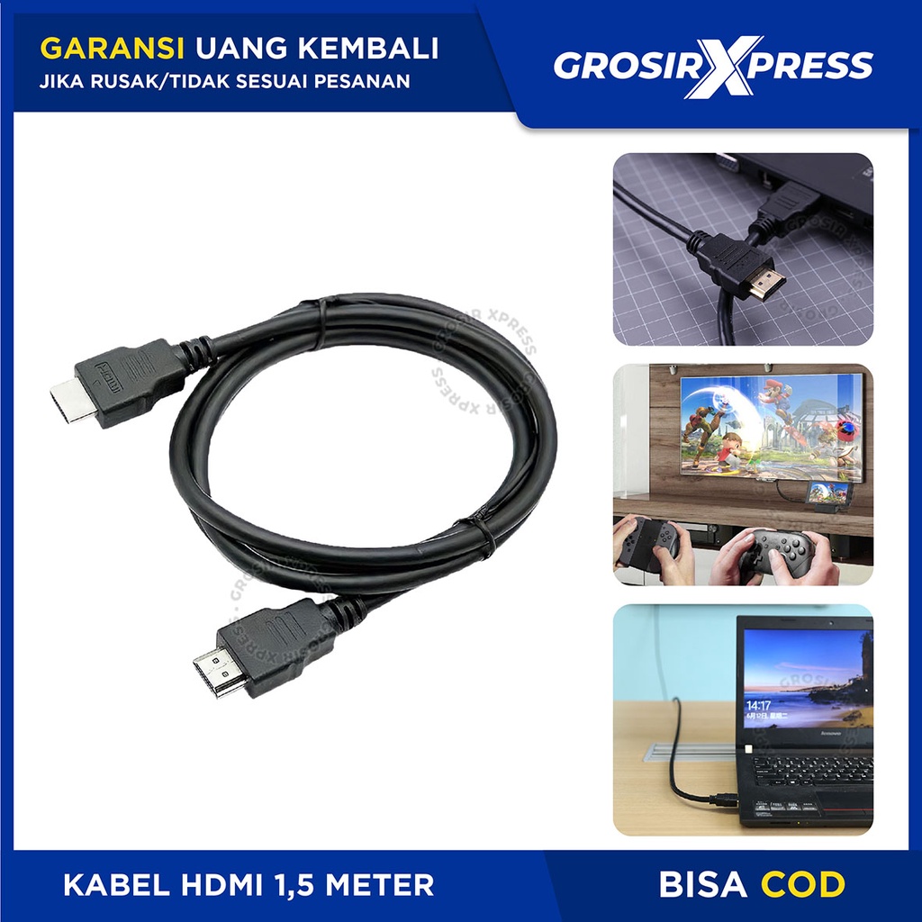 Kabel HDMI To HDMI Polos 1,5Meter Cable Male To Male STB Ke TV Kabel Proyektor Multimedia 1,5M Hdmi To Hdmi Untuk Laptop Komputer PC | GROSIRXPRESS