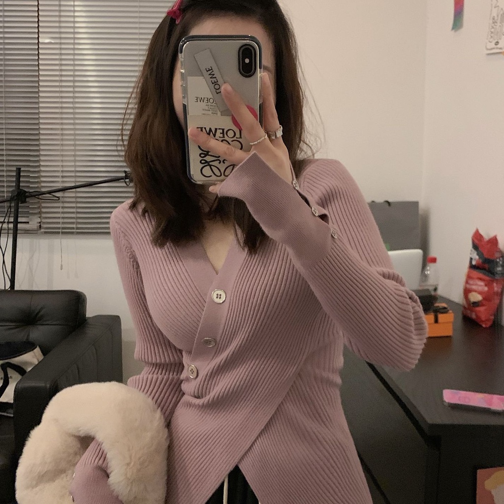 Red 2022 murni keinginan dan tipis V-neck sweater crossover A4 pinggang slim fit slit pullover rajutan lengan panjang bagian dalam atas