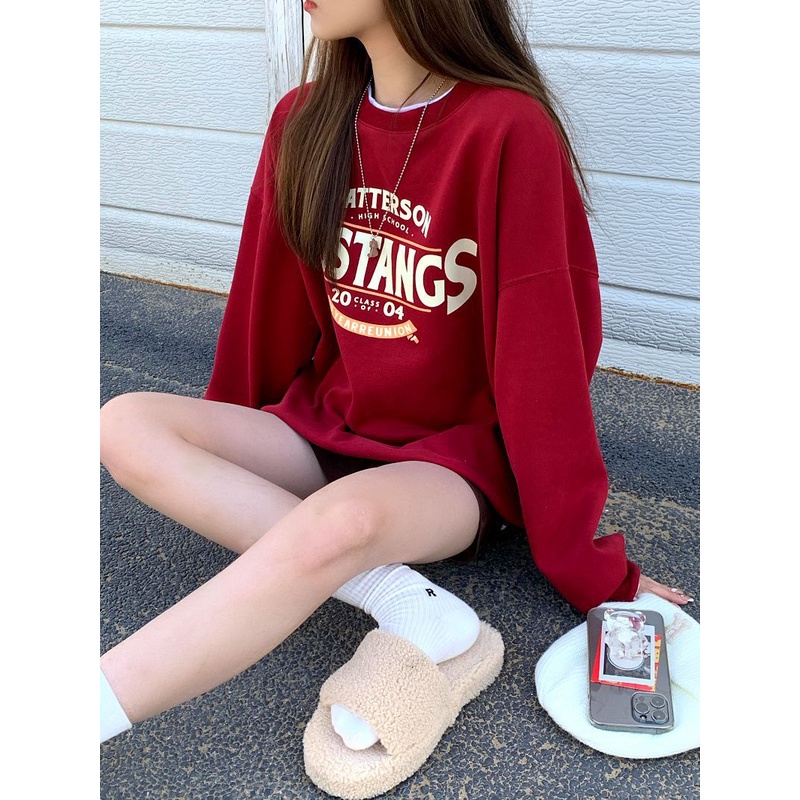 ☃♈✗100% Kapas Murni Anggur Merah Sweater Wanita Musim Gugur dan Musim Dingin Panjang Huruf Cetak Longgar Gaya Malas Fleece top Trendi