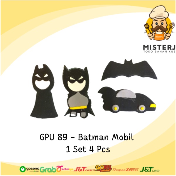 GPU89 | Topper Batman Mobil | 1 Set | 4 Pcs | Hiasan Kue Ulang Tahun | Topper Kue Tart