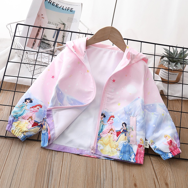 LNR Shop Jaket Anak Perempuan Dengan Topi Motif Frozen Elsa Unicorn Princess Snow White Cinderella Aurora Belle Putri Jasmine Ariel Kuda Poni Musim Semi Bahan Parasut Lembut Sweater Bertudung Kuda Poni