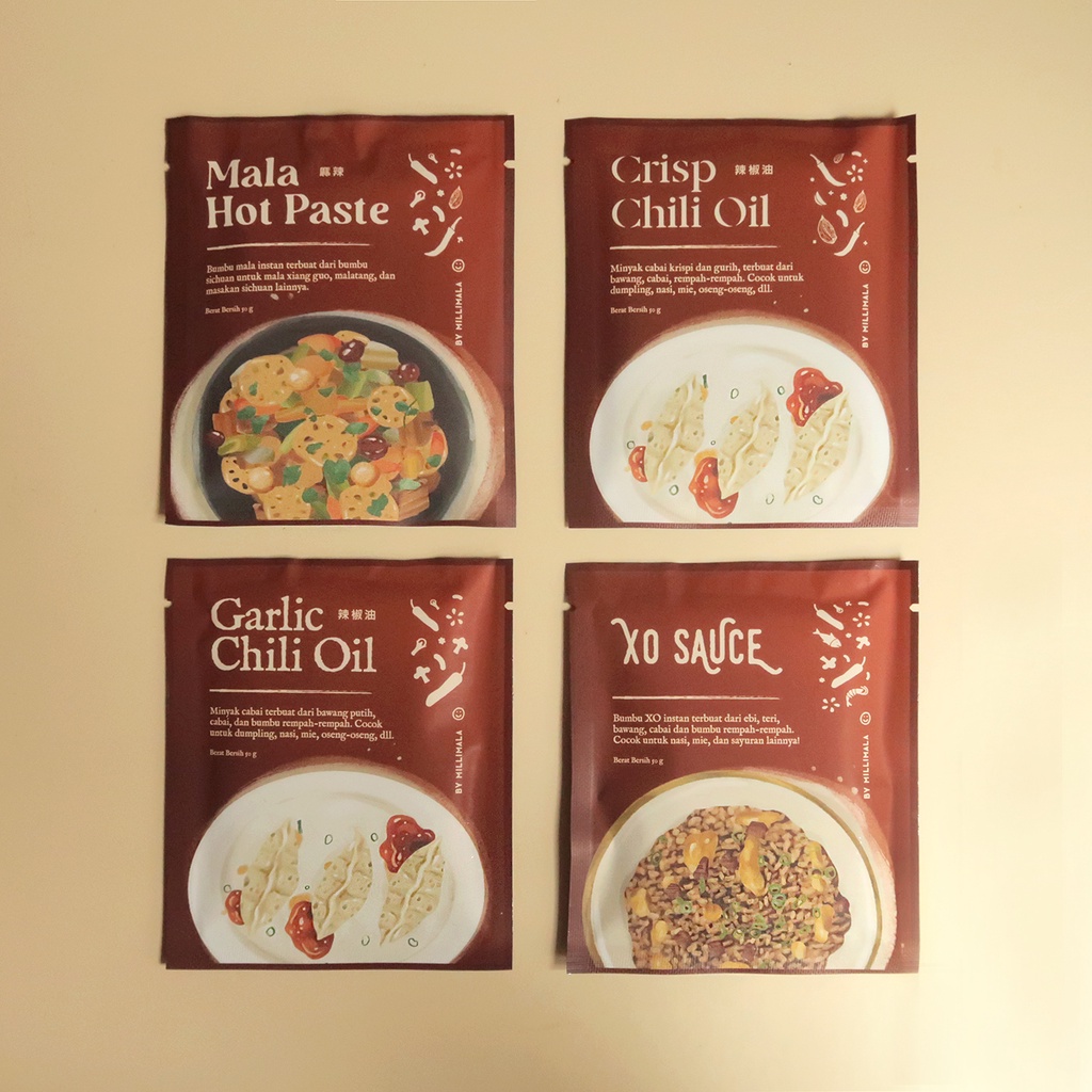 

Millimala Single Sachet - Garlic Chili / Mala Hot Paste / XO Sauce / Crisp Chili Oil