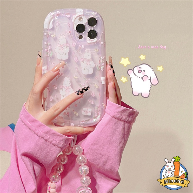 IPHONE Casing Kompatibel Untuk Iphone14 13 12 11 Pro Max X Xr Xs Max SE 8 7 6 6s Plus Gadis Hati Bunga Pink Kelinci Casing Ponsel Tanpa Rantai Tangan Silikon Tebal Soft Case Cover Pelindung