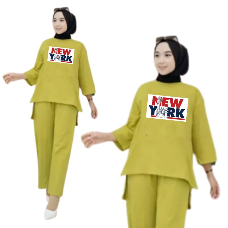 Setelan Kaos Wanita Dewasa Oversize Ld 130 cm Terbaru 2023 Viral Gambar DTF Bahan Kaos Babyterry Tangan 3/4 dan Celana Panjang One Set Wanita Dewasa Jumbo Kekinian Atasan Baju Wanita Dewasa Big Size Stelan Baju Wanita Santai Cewek NEW YORK