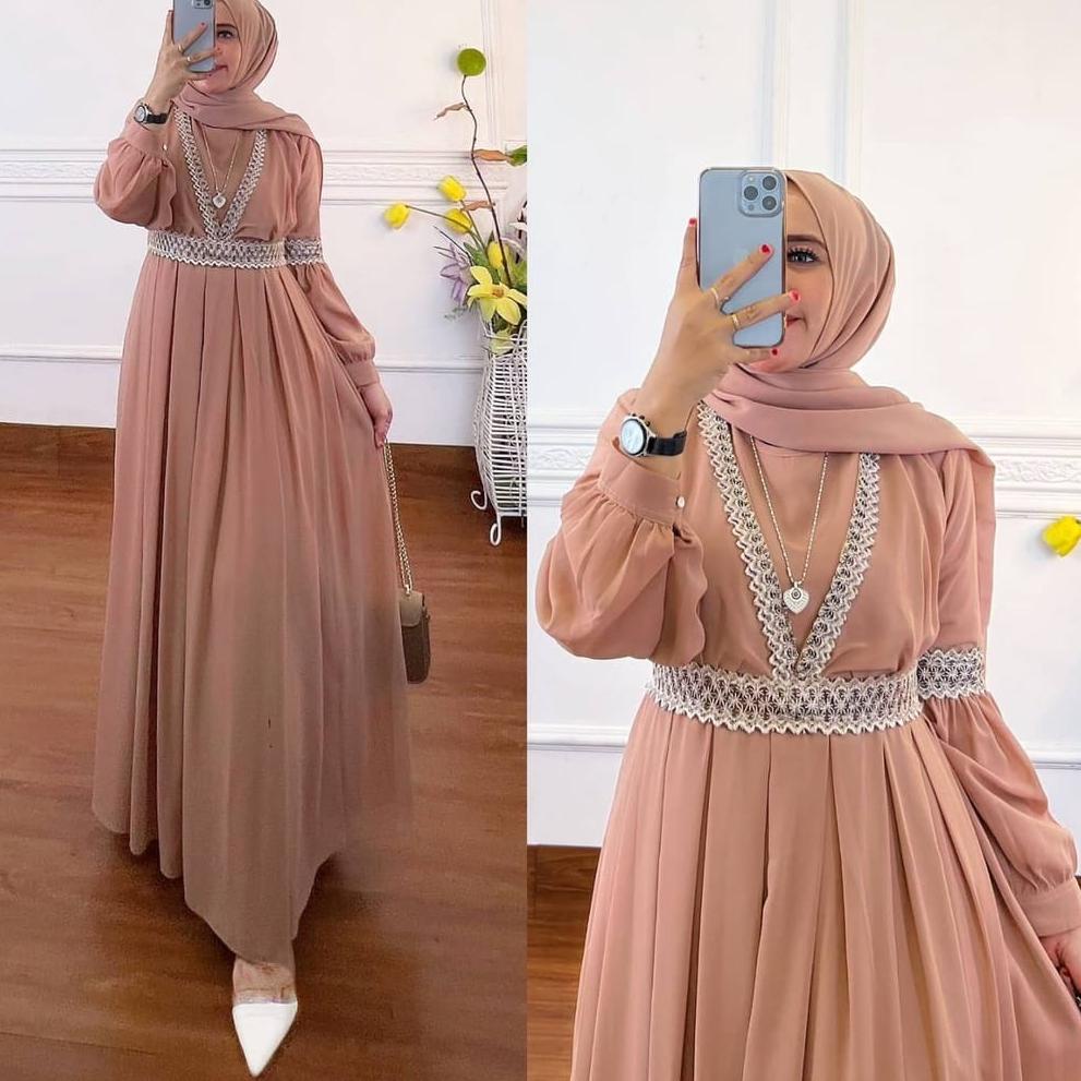 Tiara Maxy Gamis Tile Renda Bunga Lengan Balon Maxy Kondangan Fashion Pesta Gamis Syari Ceruty Babyd
