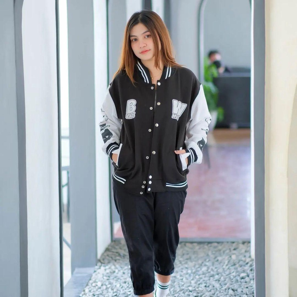 Jaket Varsity Baseball Base Ball CAT BLACK WHITE bisa untuk Wanita/Pria