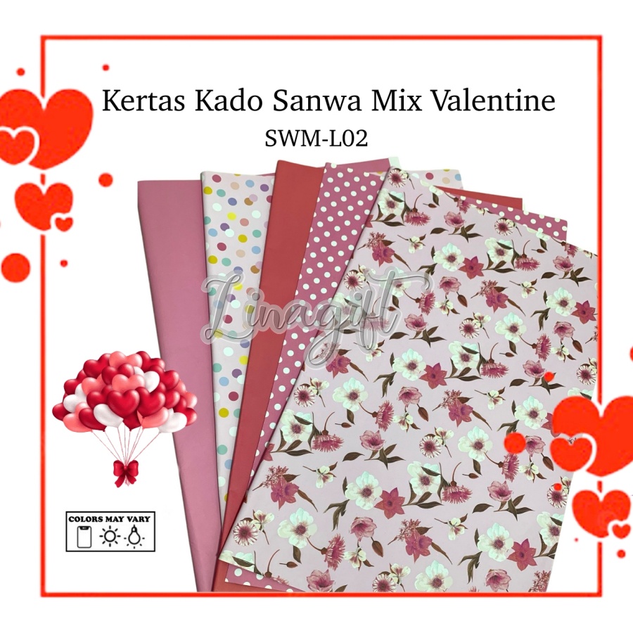 ( 5 Lembar 5 Motif ) VALENTINE MIX SANWA - KERTAS KADO LOVE SANSAN WAWA - GIFT WRAPPING PAPER EDISI ROMANCE ROMANTIC ROMANTIS - FLOWER WEDDING ENGAGEMENT TUNANGAN LAMARAN WEDDING NIKAH PERNIKAHAN HEART