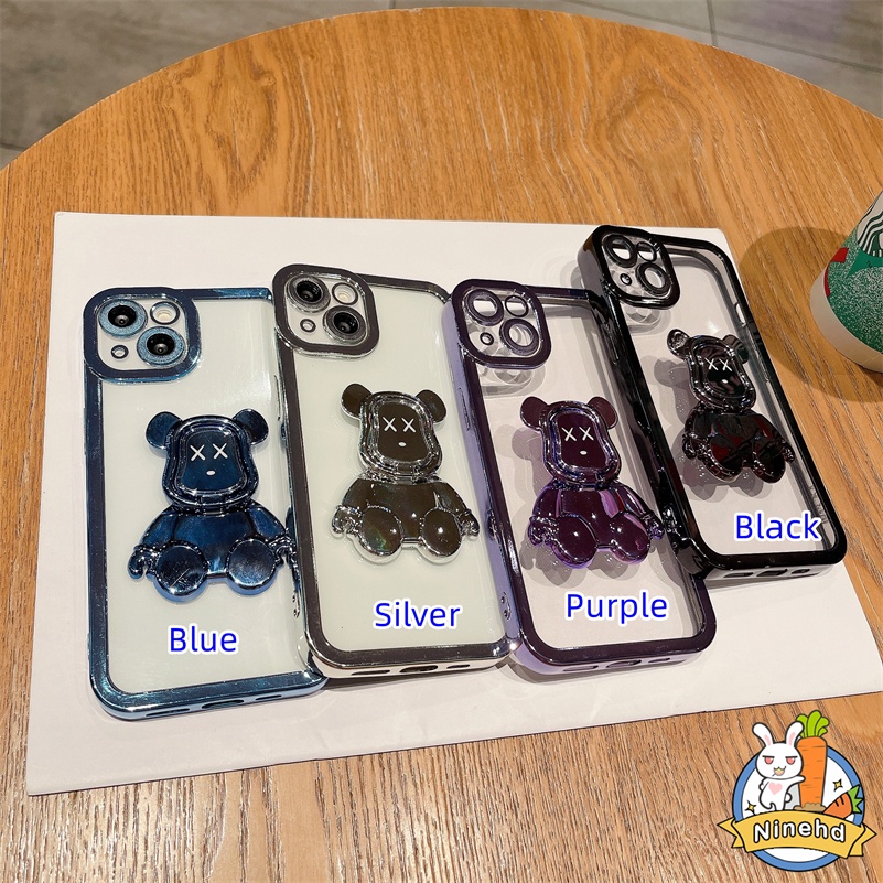 IPHONE Casing Kompatibel Untuk Iphone14 13 12 11 Pro Max Xr Xs Max Se8 7 Plus Plating Mewah Casing Ponsel Bingkai Lensa Logam Full Cover Bear Bracket Tahan Debu Soft Case Cover Pelindung