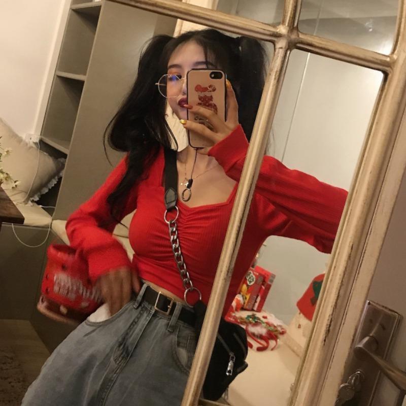 Red Net Merah Lengan Panjang T-shirt Wanita Self-Budidaya Dalam Kerah Persegi Pendek Crop Top Asing Gelembung Lengan kemeja Spring Tide