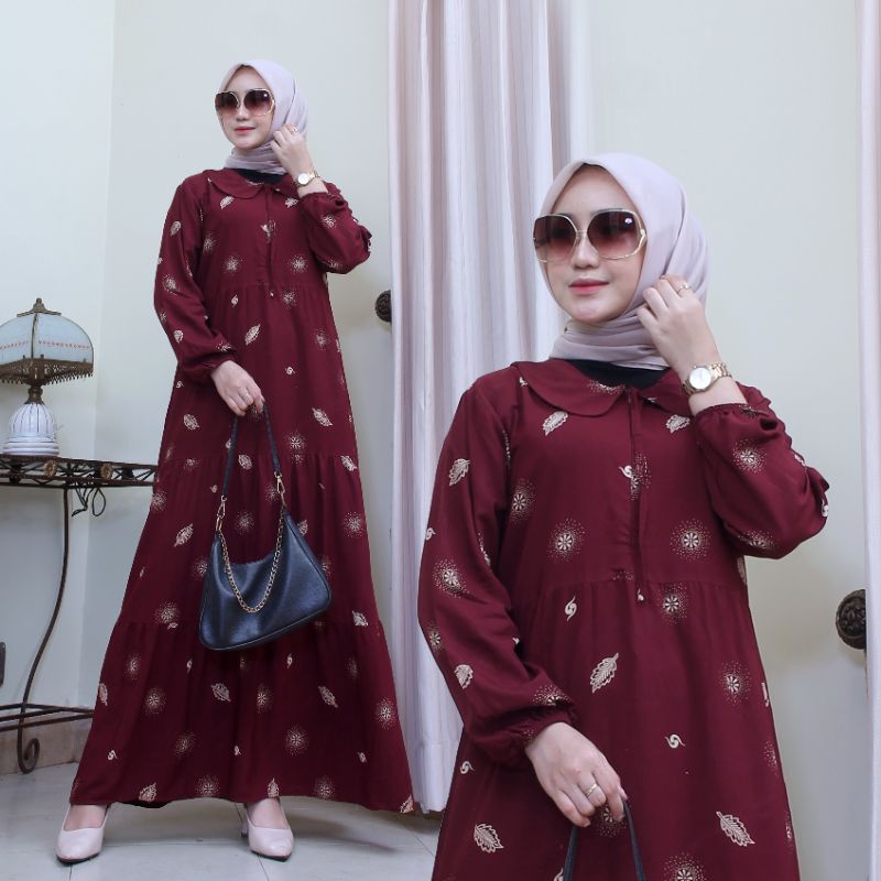 Gamis Rayon  Motif Daun / Gamis Remaja / Gamis Rayon Susun Rempel Wanita / Gamis Rayon Wanita / Gamis Wanita