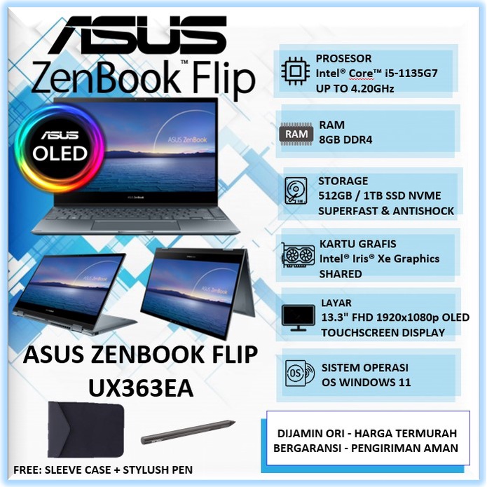 Laptop Ultrabook Slim 2 in 1 Touchscreen OLED Asus Zenbook 13 UX363EA Intel Core i5 1135G7 Ram 8GB SSD 512GB 1TB 13.3" FHD OLED Touchscreen Win11Home