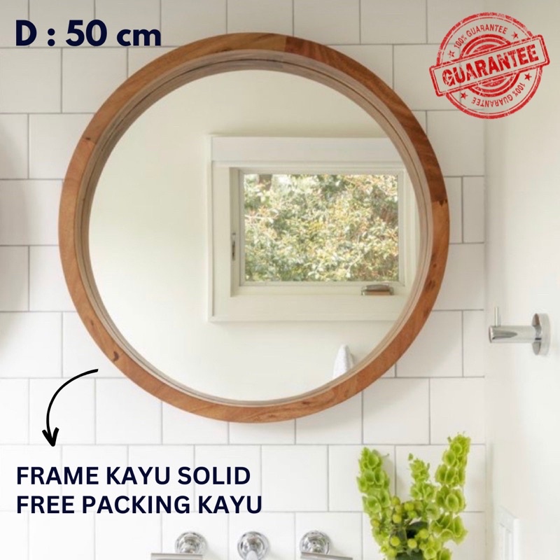 kaca cermin bulat dinding frame kayu | cermin dinding aesthetic kayu | cermin bulat wastafel