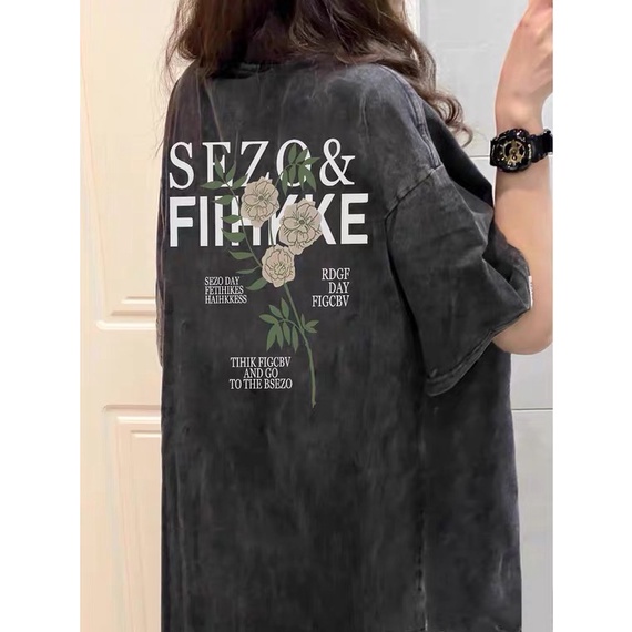 Kaos oversize hitam oversize lengan pendek Flower and Letter  Cartoon washed baju wanita  graphic print T-shirt/oversize tshirt/kaos hitam oversize wanita