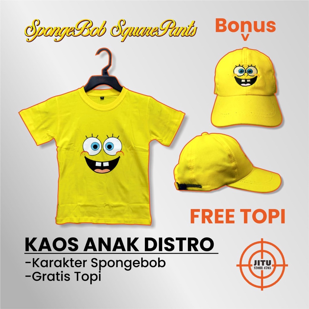 KAOS DTF ANAK DISTRO KARAKTER SPONGEBOB PATRICK SANDY SQUIDWARD MR CRAB BONUS GRATIS TOPI BORDIR