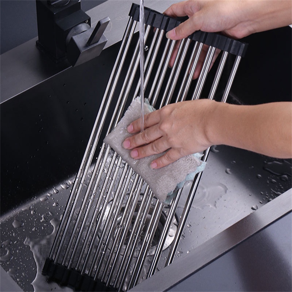 Rak Pengering Piring Gulung Multi Guna Rolling Drainer Over Sink Mat Tahan Panas Stainless Steel Dapat Dilipat Untuk Dapur