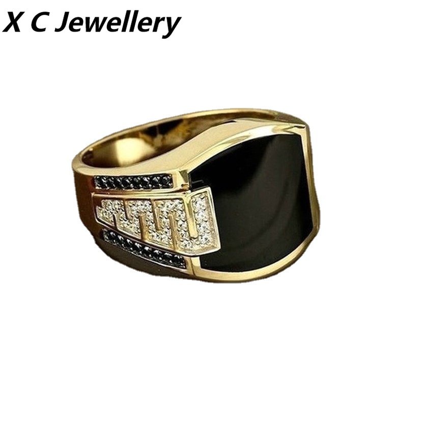 [X C Jewelry] Hip Hop Rock Retro Fashion Pria Permata Hitam Cincin Kalung Set Aksesoris Perhiasan Pesta (Kalung+Cincin