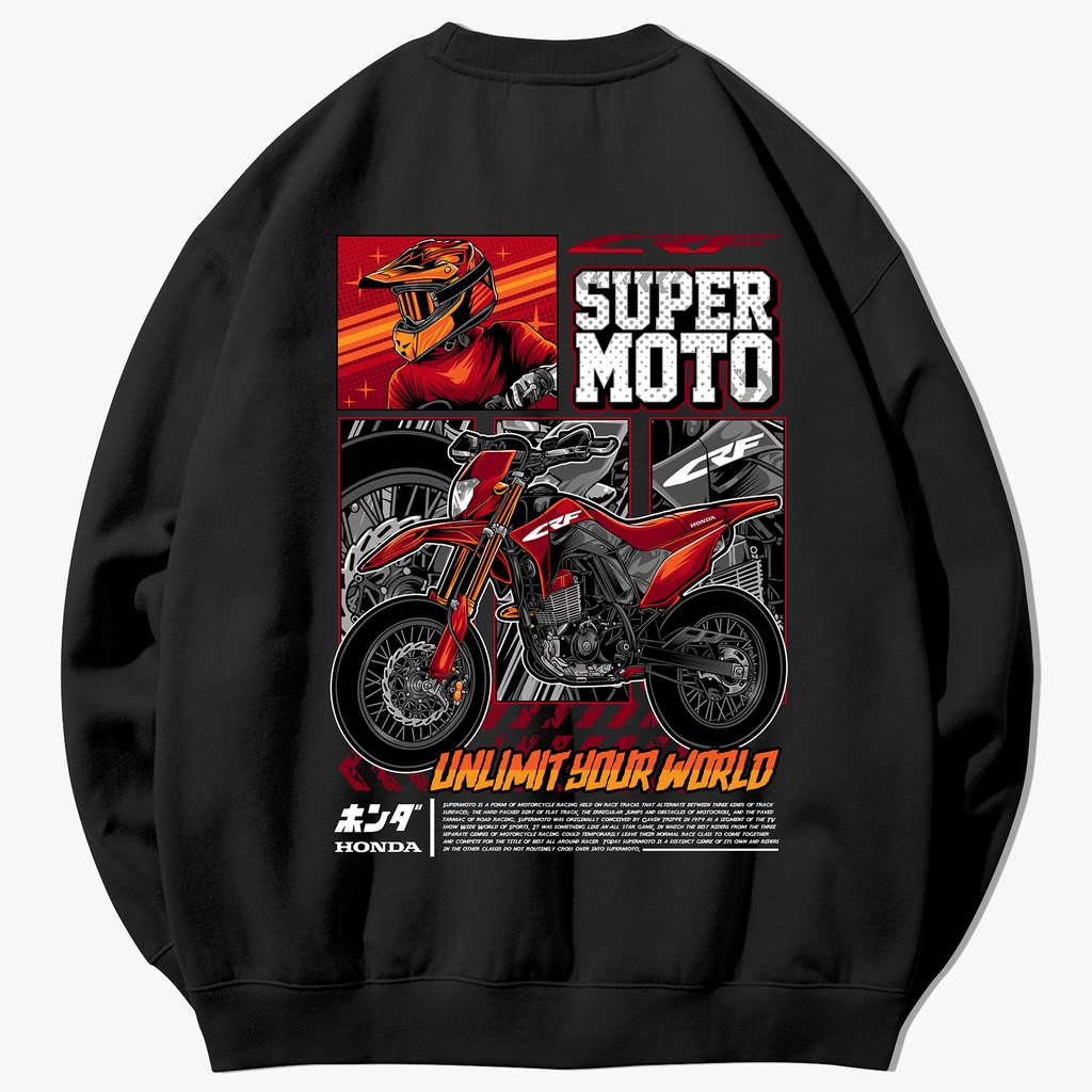 SWEATER CREWNECK FLEECE PRIA WANITA SUNMORI MOTOR SUPERMOTO CRF 150L UNLIMIT YOUR WORLD