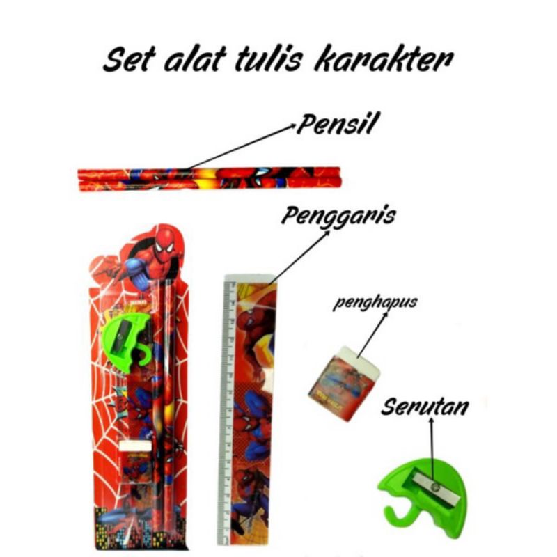 

Set Alat Tulis Karakter 5In1Paket peralatan menulis untuk anak dengan desain bergambar terdiri dari pensil,penghapus,penggaris dan rautan. Cocok digunakan untuk keperluan belajar/ATK biasa, aksesoris, hadiah ataupun souvenir. Spesifikasi :Ukuran :- Pensil