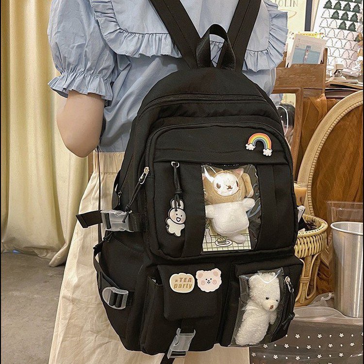 BA2207 Tas Ransel sekolah anak SD SMP SMA dengan 2 boneka dan pin hiasan size besar muat banyak Tas Ransel Korea Fashion Import / TAS RANSEL IMPORT WANITA ALA KOREA BACKPACK IMPORT TAS SEKOLAH KULIAH KERJA REMAJA