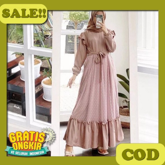 (New Arrival) (Cod) Nabila Dress Gamis Wanita Terbaru Bahan Crinkle Airflow Premium Aksen Bordir Kek