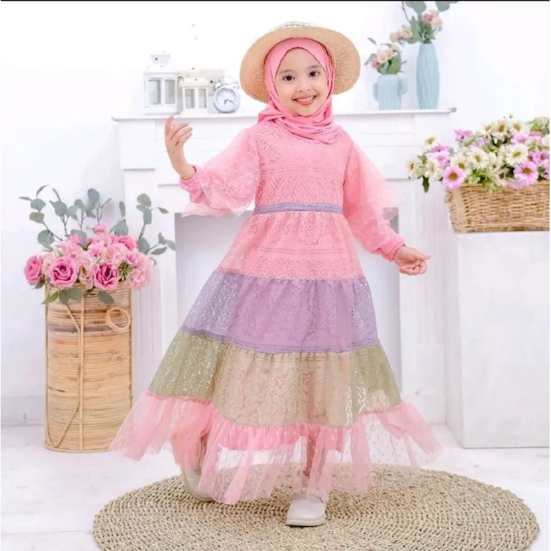 Gamis anak warna lilac ameera tutu premium include hijab