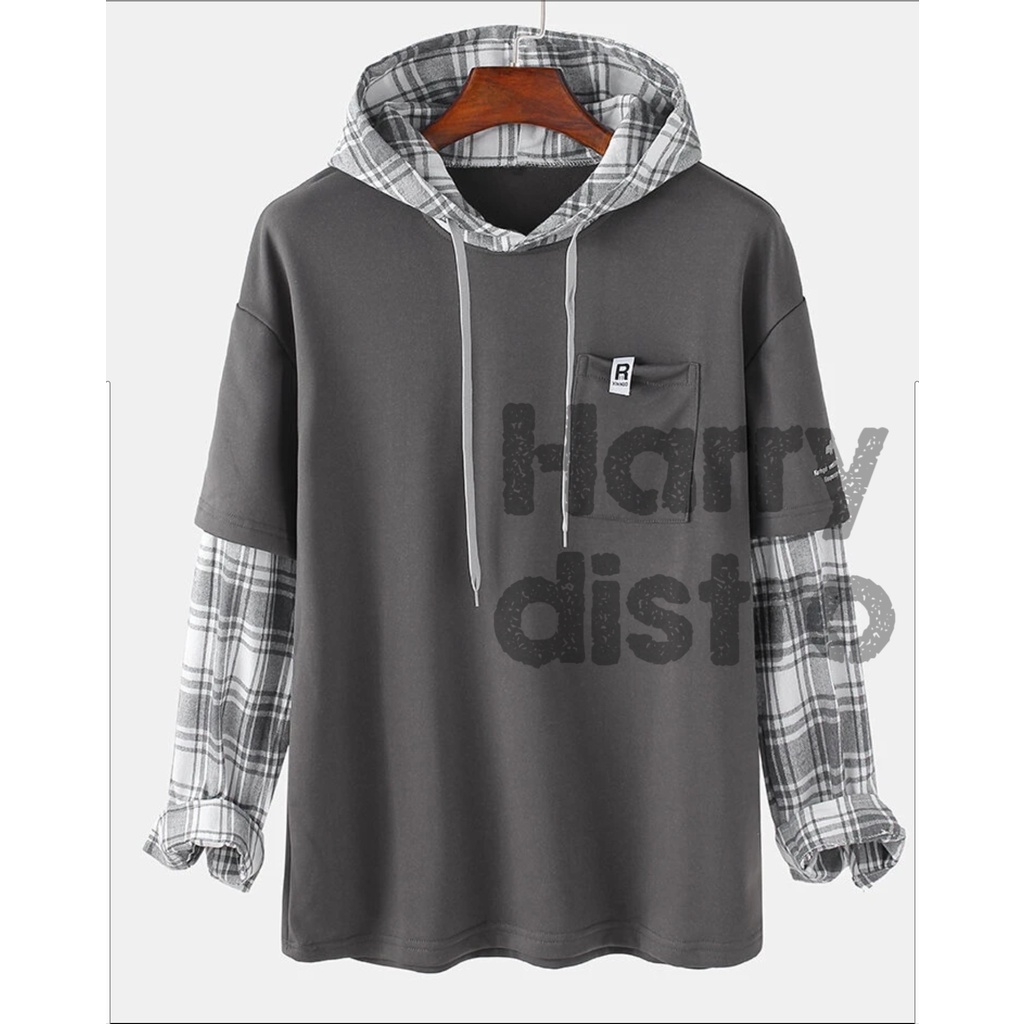 Kaos kemeja pria bahan kombinasi Hoodie Korean Style lengan panjang kupluk